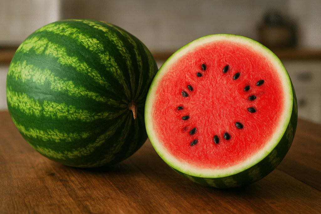 duas melancias estão sob a mesa, uma fechada e outra aberta.